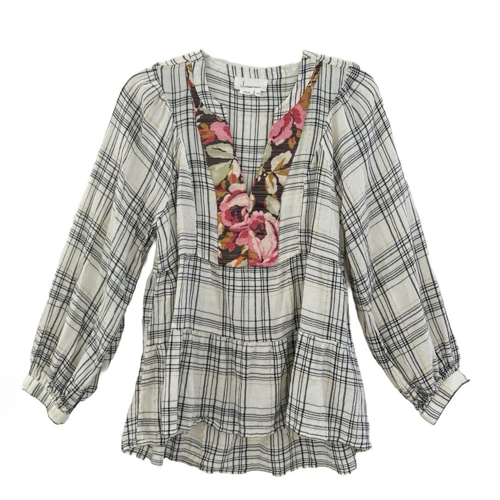 Anthropologie Darlene Plaid Peasant Blouse Women's M Balloon Sleeve‎ Boho Top